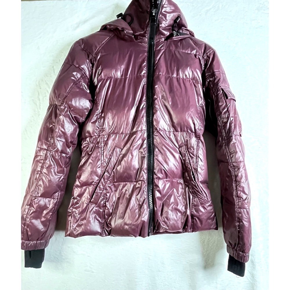 S13 New York Womens XS Burgundy Down Puffer Jacket Shiny Hooded Winter Coat - Picture 4 of 14